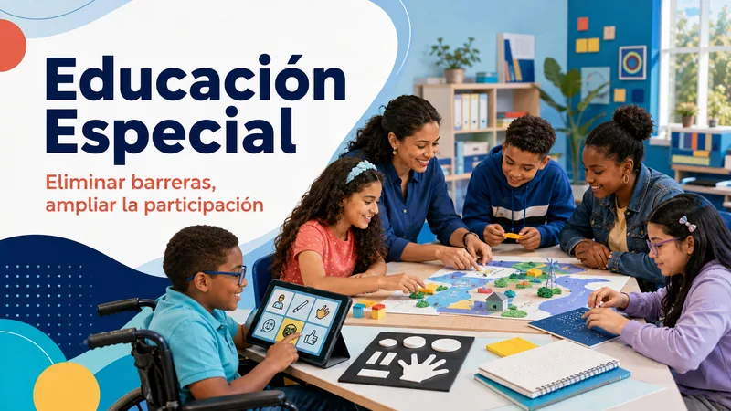 Estudiantes diversos participan con apoyos accesibles en una comunidad educativa inclusiva